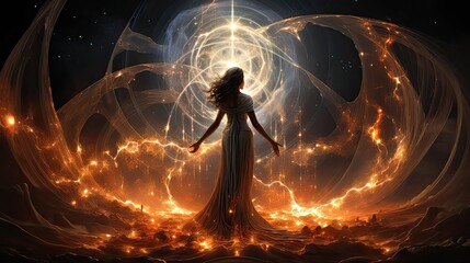 A woman standing in front of a mesmerizing fire ball