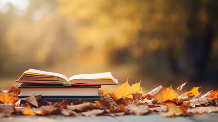 Books on autumn orange, yellow, purple leaves and blurry landscape and cloudy blue sky in background with copy space, national book lover day.