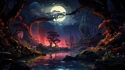 Fotobehang A breathtaking night scene in a mystical forest illuminated by the shimmering light of a full moon © ZOORY