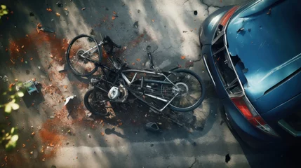Foto op Plexiglas Car and bicycle crash in accident. Top view. © tashechka