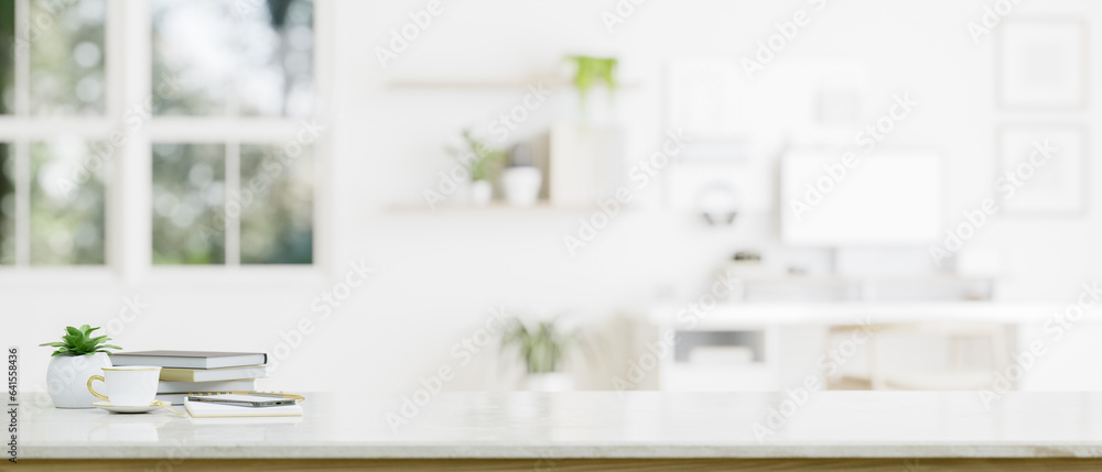 Canvas Prints mockup space on a tabletop with a blurred white home office or working room in the background