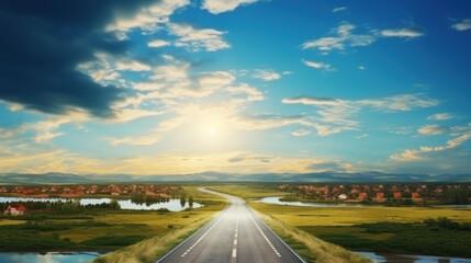 Beautiful summer landscape with road, fields and blue sky with clouds