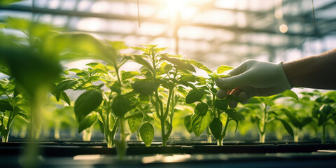 Gardener grows plants in a greenhouse