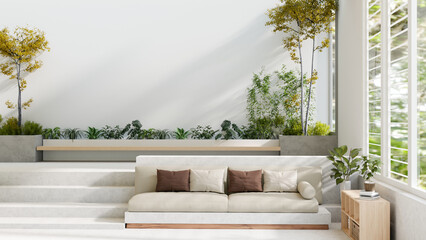 Interior design of a modern bright spacious lounge with indoor plants, comfortable sofa, and steps