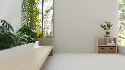 Interior design of a room in a modern loft style with indoor plants, empty white wall © bongkarn
