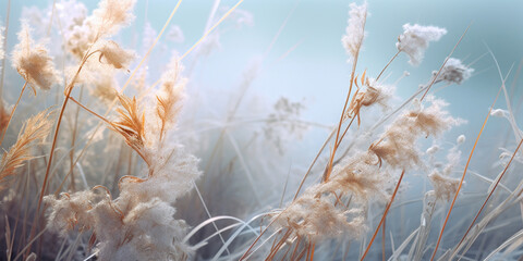 Snowflakes frost on grass with brown lupine, herbs and wheat field