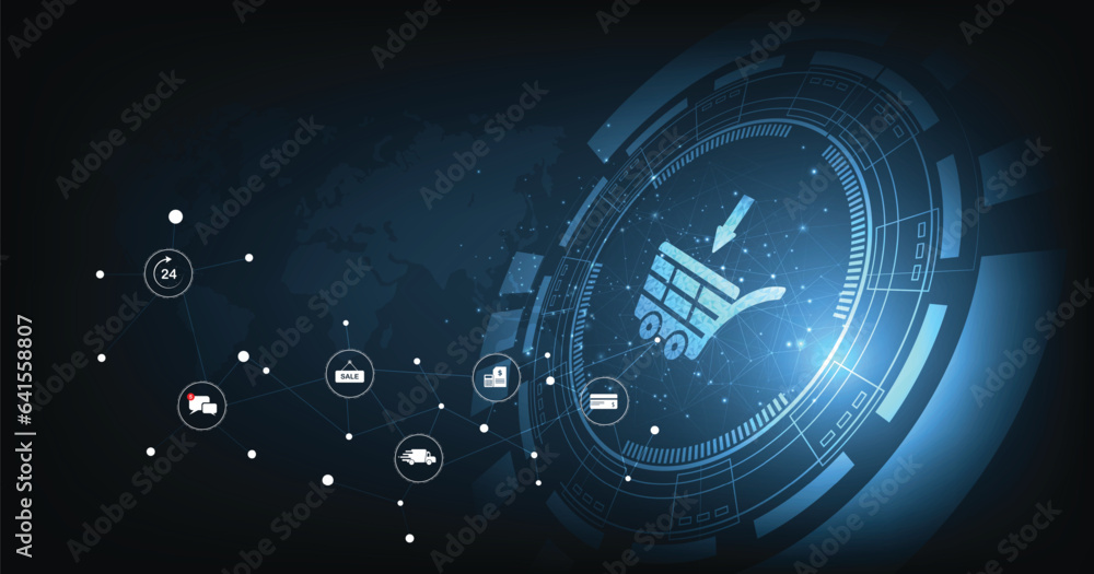 Aufkleber online business and internet trading concept. a virtual image cart on a dark blue background conveys