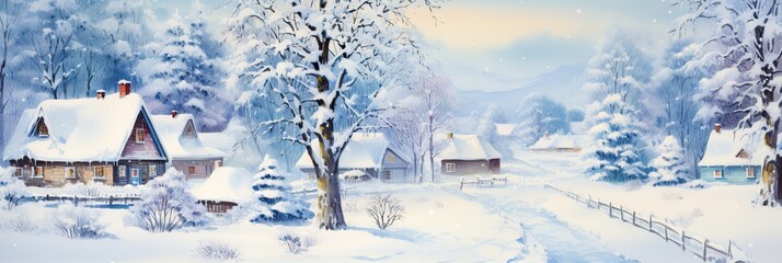 illustration of winter snow village scene, generative AI