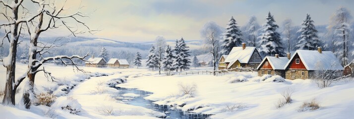 illustration of winter snow village scene, generative AI