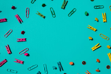 Frame border made of school stationery supplies. Copy space for your text or Educational greeting announcement for students and teacher. Creative vivid colorful background. Concept of new school year