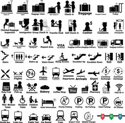 Vector set of icons, symbols available at malls, airports, train stations.