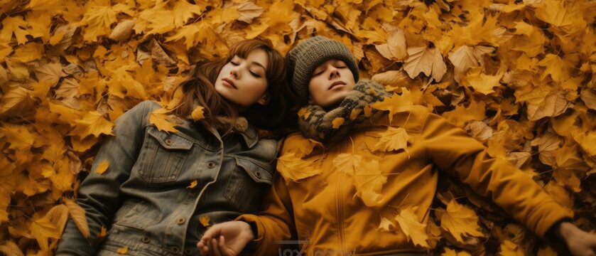 portrait of a top view couple slepping in autumn