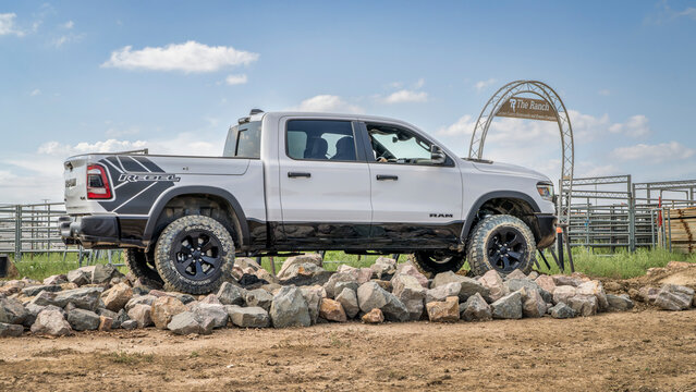 Loveland, CO, USA - August 26, 2023: RAM Rebel truck on a rocky training off-road trail course.