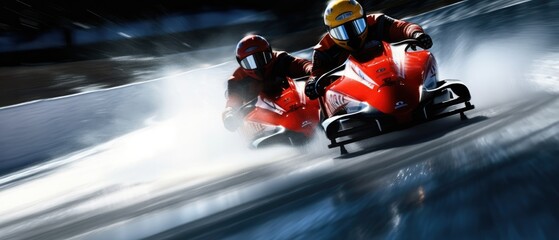A close-up of a couple performing high-speed ice karting on a frozen track. winter sport extreme.