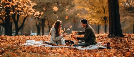 Fototapeta premium couple picnic in the autumn park
