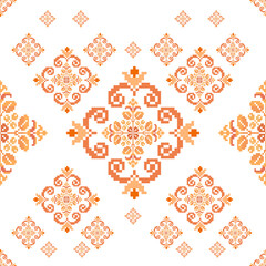 Floral Cross Stitch Embroidery on white background.geometric ethnic oriental seamless pattern traditional.Aztec style abstract vector illustration.design for texture,fabric,clothing,wrapping,sarong. - 641559613