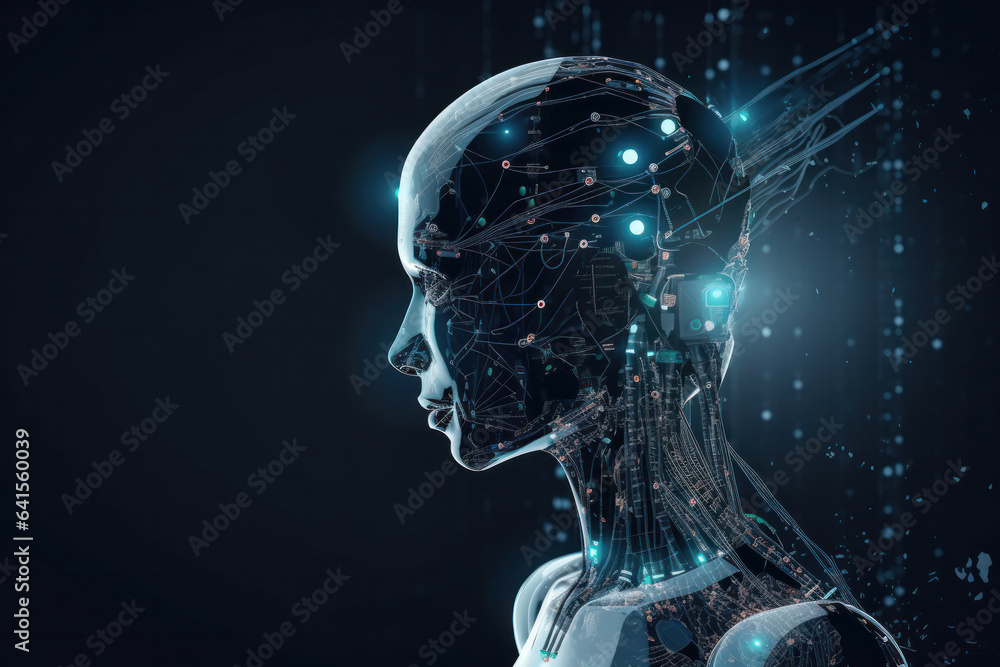 Poster artificial intelligence represented by a cyborg head with glowing eyes and a digital brain, processi