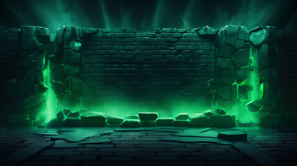 A dark stone room with green neon lights background illustration