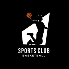 basketball player silhouette in spotlight with ball in dark background vector template.