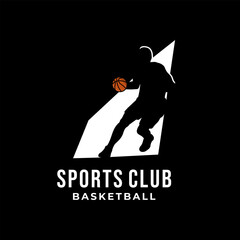 basketball player silhouette in spotlight with ball in dark background vector template. © khezylicious