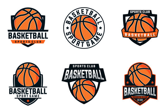 basketball set vector graphic template. sport basket illustration collection in badge emblem patch label style.