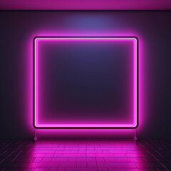 Purple neon square frame on dark background with copy space for text