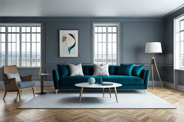 Naklejka na ściany i meble Modern interior design. Scandinavian furniture. 3d illustration, black sofa
