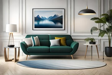 Modern interior design. Scandinavian furniture. 3d illustration, black sofa. Modern living room