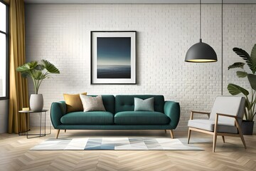 Modern interior design. Scandinavian furniture. 3d illustration, black sofa. 3d rendering