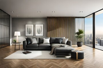 Modern interior design. Scandinavian furniture. 3d illustration, black sofa