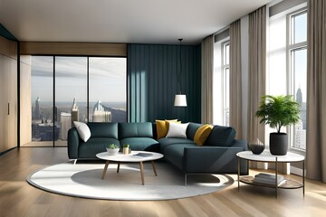 Naklejka na ściany i meble Modern interior design. Scandinavian furniture. 3d illustration, black sofa. Modern living room