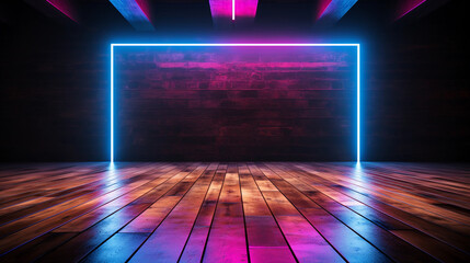 Colorful neon light with a wooden floor in a dark room