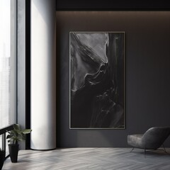 A canvas with a black color pattern on the concrete wall in the living room generative ai