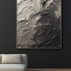 a patterned canvas on the concrete wall in the living room, half black and half cream and white generative ai