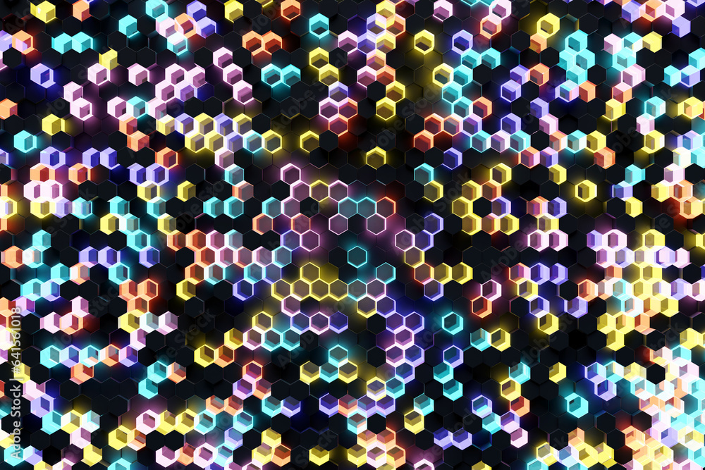 Poster 3d illustration honeycomb mosaic. realistic texture of geometric grid cells. abstract colorful wallp