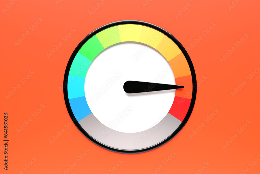 Poster 3d illustration of measuring speed icon. colorful speedometer icon, speedometer pointer points to re