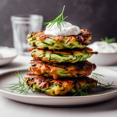 Delicious vegan Zucchini Fritters on a large white plate with sour cream and chives topping