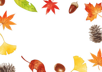 Digital watercolor frames surrounding fallen leaves and acorns in autumn © 虹見