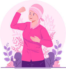 Breast Cancer Awareness Month. A Happy Female Breast Cancer Survivor Showing Her Biceps Muscle. Disease Prevention, Solidarity, Charity and Support Campaign