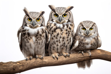 Fototapeta premium Image of group of barred eagle-owl on a branch on a white background. Birds. Animals. Illustration, Generative AI.