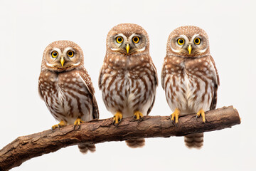 Image of group of an asian barred owlet on a branch on a white background. Birds. Animals. Illustration, Generative AI.