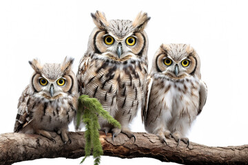 Fototapeta premium Image of group of barred eagle-owl on a branch on a white background. Birds. Animals. Illustration, Generative AI.