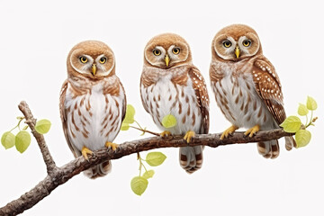Image of group of an asian barred owlet on a branch on a white background. Birds. Animals. Illustration, Generative AI.