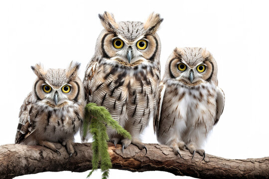 Image of group of barred eagle-owl on a branch on a white background. Birds. Animals. Illustration, Generative AI.