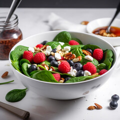 Berry Spinach Salad with nuts and vegan cheese and raspberry salad dressing in a modern white bowl view from the top