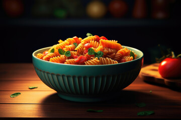 A delicious and colorful pasta bowl with fresh vegetables on a table