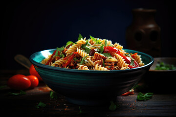 A colorful and healthy pasta dish in a blue bowl