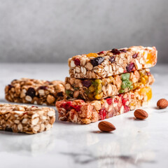 Stack healthy and Delicious homemade Trail Mix Granola Bars with real fruit raisins and berries