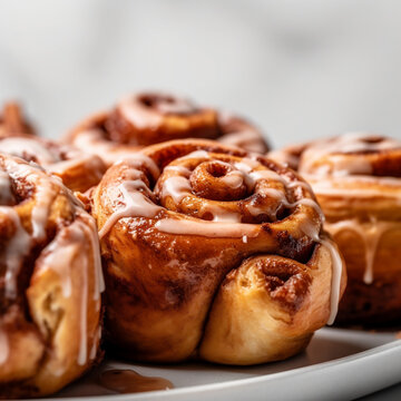 Close-up photography of a sweet breakfast dessert or snack of a row of cinnamon rolls on a white dish