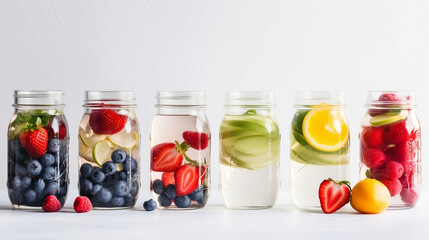 Rows of fruit-infused water in mason jars with straws strawberries blueberries pears oranges apples © SUYIN